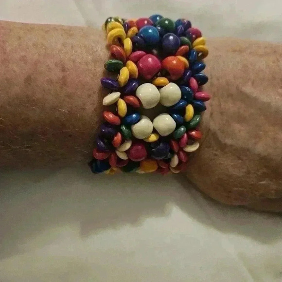 White, multicolored wooden slip on bracelet. Wide ban - Picture 1 of 5